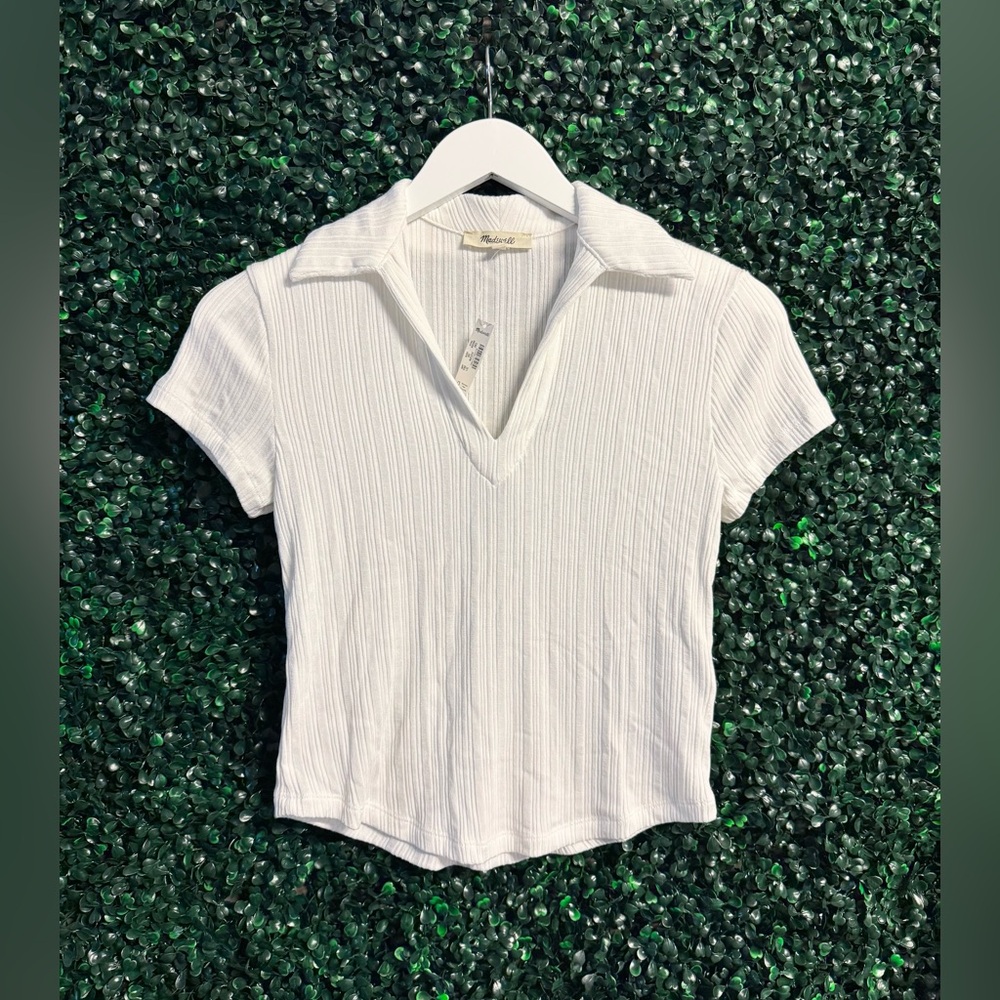 Madewell White Ribbed Polo V-Neck Knit Top